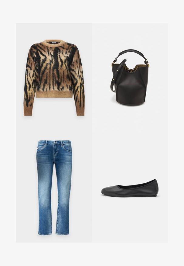 Pruun ja must loomadeprintidega sviiter, millel on ümar kaelus, pikad varrukad ja pehme, tekstureeritud kudum. Lühike disain.; Heledad sinine teksad sirge sääre kujundusega, õrnade plekkidega ja keskmise tõusuga vöökoht. Omab viit taskut ja vöörihmade kohti.; Musthave mustika tantsutossud mustast nahast, ümmarguse varbaga, siledast tekstuurist, minimaalse õmblusdetailiga ja paindliku tallakujundusega.; Mustast nahkämbriga kott tekstuurses viimistluses, kuldsete metalldetailide aktsentidega ja avatud ülaosaga. Omab lühikest käepidet ja reguleeritavat õlavarre rihma.