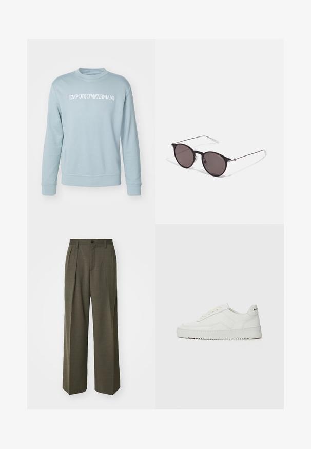 Emporio Armani FELPA - Camisola - light blue; T-shirt de algodão preta com gola redonda, mangas curtas e o logo "EMPORIO ARMANI" em branco acima de "Milano" num design curvo.; Filippa K WIDE TROUSERS - Calças - driftwood; Sapatilha de couro branco com acabamento suave, bico redondo, atacadores planos e uma sola texturizada. Apresenta um logotipo discreto no calcanhar.; Óculos de sol redondos pretos com lentes escuras e hastes metálicas finas. Inclui pontas de templo transparentes e detalhes em prata na dobradiça. Design minimalista.