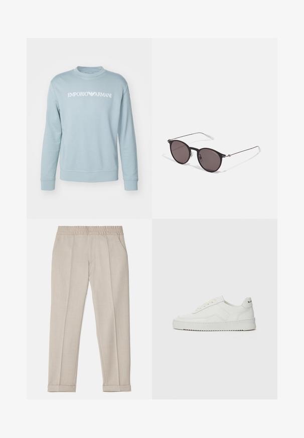 Emporio Armani FELPA - Ikdienas džemperis - light blue; Filippa K TERRY CROPPED TROUSERS - Auduma bikses - sage melange; Baltas ādas sneakers ar gludu virsmu, apaļu pirkstu daļu, plakaniem šņorēm un teksturētu zoli. Satur diskrētu logotipu uz papēža.; Melni apaļi saulesbrilles ar tumšiem lēca un plānām metāla stangām. Iekļautas caurspīdīgas tempļu galviņas un sudraba akcenti pie eņģes. Minimalistisks dizains.