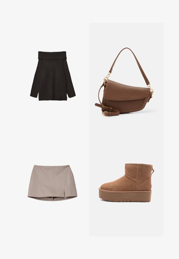 Stradivarius EXPOSED SHOULDER - Pulover - brown; Rjava in bela majhna karirana mini krilo z zarezo spredaj, prikazano ležeče na belem ozadju.; Bela antilopova gležnjača s platformom, okruglim vrhom i dekorativnim šavovima; ima uvučenu petlju straga za lakše oblačenje.; Brah zlatna usnjena torba za rame z teksturirano površino, ukrivljeno obliko, zlatim okovjem, nastavljivim trakom in pokrovom.