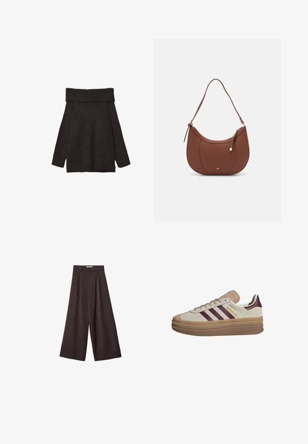 Stradivarius EXPOSED SHOULDER - Svetr - brown; Černé široké kalhoty s vysokým pasem, s předními záhyby a zapínáním na knoflík v pase, vyrobené z hladké látky.; Béžové semišové tenisky s kaštanovými pruhy, bílými akcenty, robustní průhlednou podrážkou a vyvýšeným logem na boku. Šněrovací design.; Hnědá kabelka přes rameno z umělé kůže s zakřiveným tvarem, minimálním prošíváním a zlatým kovovým akcentem. Disponuje vrchním zipovým uzavíráním a nastavitelným popruhem.