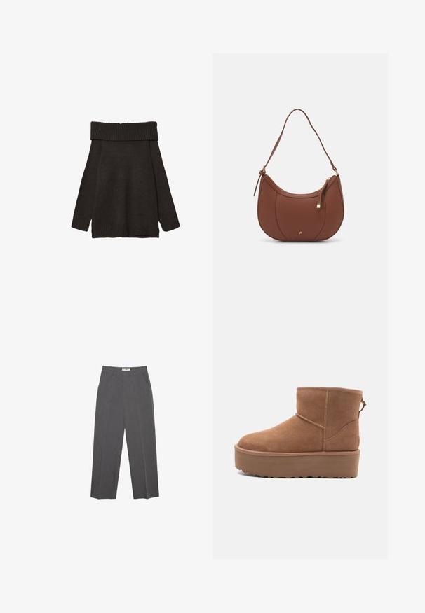 Stradivarius EXPOSED SHOULDER - Pulover - brown; Sive straight-leg hlače iz teksturiranega materiala, z zmerno visokim pasom, zankami za pas in stranskimi žepi. Brez vidnih vzorcev ali akcentov.; Bela antilopova gležnjača s platformom, okruglim vrhom i dekorativnim šavovima; ima uvučenu petlju straga za lakše oblačenje.; Rjava usnjena torbica z ramenskim ročajem, ukrivljene oblike, minimalnim šivom in zlato-tonirano kovinsko dekoracijo. Ima zgornje zapiranje na zadrgo in nastavljiv trak.