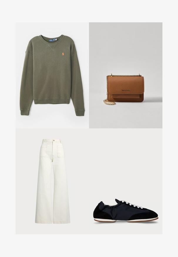 Ελαιόχρονος φούτερ φτιαγμένο από βαμβάκι, με στρογγυλή λαιμόκοψη, ριμπ μανσέτες και μικρό πορτοκαλί κεντητό λογότυπο. Μαλακή υφή.; Πλατύ πόδια τζιν σε εκρού τζιν. Σχεδίαση με ψηλή μέση, κλείσιμο με κουμπί, δύο μπροστινές τσέπες και λεπτομέρειες με αντίθεση ραφής.; Σκούρο μπλε παπούτσια με συνδυασμό λείου υφάσματος και μαύρης σουέντ. Διαθέτουν λευκά κορδόνια και χαμηλό προφίλ από καουτσούκ. Στρογγυλή σχεδίαση στην μύτη.; Καφέ δερμάτινη τσάντα χιαστί με υφή, με χρυσή αλυσίδα στον ιμάντα και κλείσιμο με καπάκι. Στο μπροστινό μέρος υπάρχει λεπτομέρεια με λογότυπο και μία τσέπη κάτω από το καπάκι.