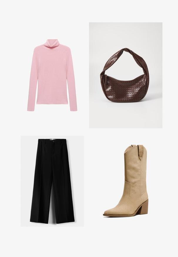 Rosa langärmliger gerippter Pullover mit umgeschlagenem Rollkragen, flach auf einem weißen Hintergrund präsentiert.; Schwarze weite Hosen aus leichtem Stoff, mit einem Knopfverschluss vorne und flachem Bund, mit sorgfältig genähten Säumen.; Bershka HIGH-HEEL - Cowboy-/Bikerboot - beige; Braune geflochtene Lederhandtasche mit einem geschwungenen, geknoteten Griff und einem Reißverschluss. Glatte Textur und runde Form.