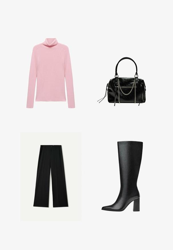 Rosa langärmliger gerippter Pullover mit umgeschlagenem Rollkragen, flach auf einem weißen Hintergrund präsentiert.; Bershka WIDE - Stoffhose - black; Schwarze kniehohe Stiefel aus Kunstleder mit spitzer Zehe, glatter Oberfläche und blockartigem Absatz. Minimalistisches Design ohne sichtbare Akzente.; Bershka WITH CHAIN - Handtasche - black
