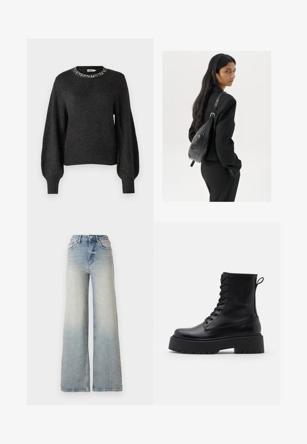 ONLY Tall ONLELSA - Trui - dark grey; Lichtblauwe wijdlopende spijkerbroek van denim, met een hoge taille, vijf zakken en zichtbare stiksels langs de naden.; Zwarte leren enkelboots met een ronde neus, vetersluiting aan de voorkant en een dikke rubberen zool met een gestructureerd profiel. Trekbandje aan de achterkant.; Vrouw met lang donker haar in een zwart pak, met een zwart leren schoudertas, die over haar schouder kijkt tegen een witte achtergrond.; Gouden oorringen, dun en rond van vorm, met een gladde metallic afwerking en zonder versieringen of patronen.