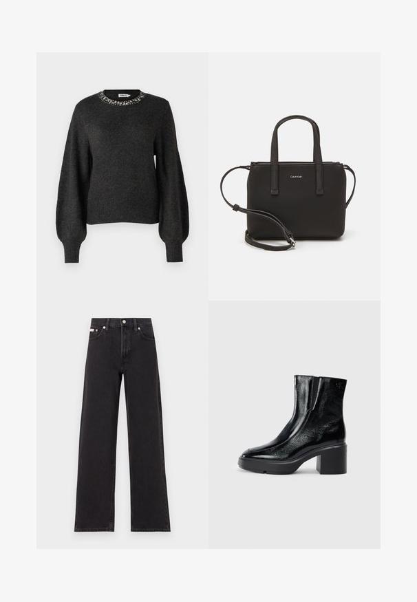 ONLY Tall ONLELSA - Džemper - dark grey; Mustad laiad mustad teksad, millel on kõrge vöökoht, viie tasku stiil ja metallist nööpkinnitus kontrastsete õmblustega.; Mustmustest must paeltega särkide, millel on kõver varvas, elastsed külgpaneelid ja jäme plokkpealse. Tagaküljel on reljeefne logo.; Musthave mustrans vöö ja eemaldatav õlarihm. Gludike nahk siledaga, millel on tõmblukk ja logo detail.