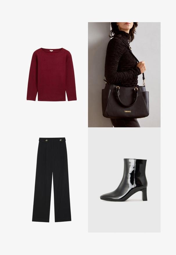 TOM TAILOR MIT KNOPFDETAILS - Jersey de punto - deep red melange; Pantalones de pierna ancha negros con cintura alta, detalles de botones en la cinturilla y pliegues en la parte delantera.; Botín de charol negro con punta afilada y un tacón de bloque de altura media. Textura suave y diseño minimalista.; Bolso negro con superficie texturizada, doble asa superior y correa para hombro ajustable. Presenta herrajes en tono dorado y bolsillos laterales.