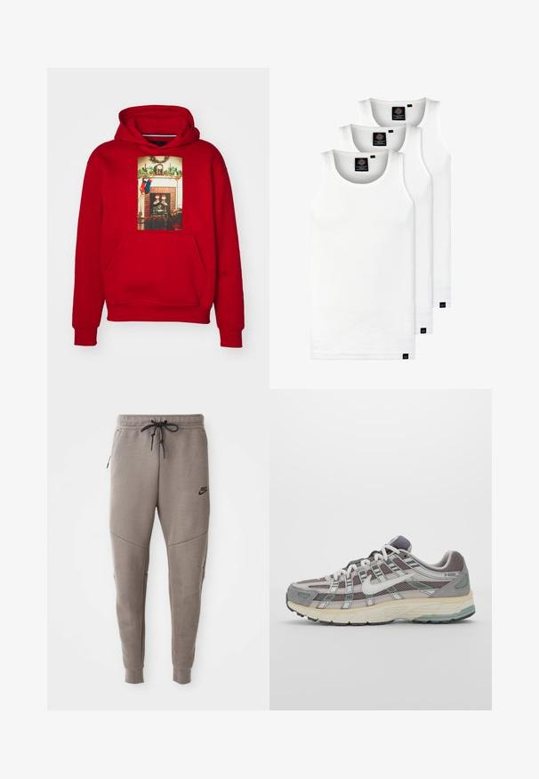 Jordan CHIMNEY - Felpa con cappuccio - gym red; Tre canotte bianche a coste in cotone. Presentano un colletto rotondo e piccole etichette nere vicino all'orlo. Disponibile in diverse taglie.; Pantaloni sportivi Nike grigi con cintura regolabile, gambe affusolate, tasche laterali e dettagli di cucitura distintivi. Tessuto morbido e texture.; Scarpa sportiva grigia con tomaia in mesh e suede, dettagli bianchi, suola ammortizzata e un design distintivo con elementi riflettenti.