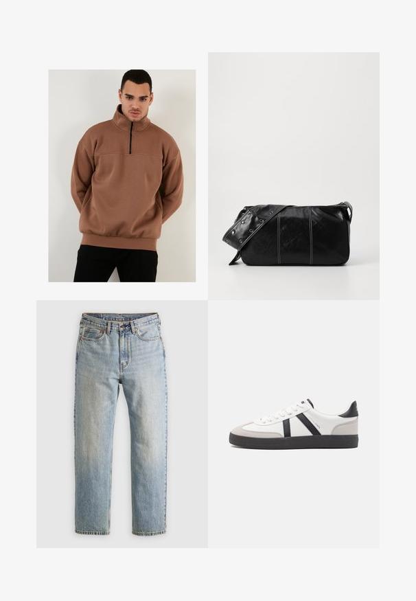 Sudadera marrón con cremallera y cuello alto, hecha de material suave, con un corte holgado y puños y dobladillo acanalados.; Camiseta de algodón beige con cuello redondo y mangas cortas. Presenta un sutil logotipo de "Levi's" en el mismo color en el pecho. Textura suave.; Jeans de mezclilla azul claro de cintura alta, con botón frontal, cremallera y diseño de cinco bolsillos, dispuestos sobre un fondo neutro.; Zapatilla blanca con acentos en negro y gris, que presenta una puntera texturizada en gris, suela de goma negra y cordones planos blancos. Diseño limpio, estilo minimalista.; Bolso de hombro de cuero negro con cierre de cremallera, que presenta un cuerpo texturizado, costuras blancas y una correa con ojales plateados.