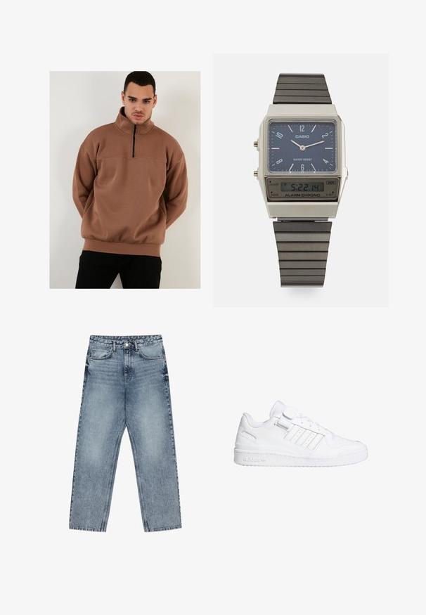 Brun lynlåset pullover sweatshirt med høj krave, lavet af blødt materiale, med en afslappet pasform og ribbede mansjetter og kant.; Lysblå denim jeans med lige ben, synlig syning, fem lomme-design og knaplukning ved taljen.; Hvide atletiske sneakers med en glat læderoverdel, perforeret tå, tre stribede detaljer og en velcrorem. Gummisål med branddetalje.; Casio digitalur med en blå urskive, sølvgehus og lagdelt sort gummirem. Viser tidspunkt og alarmindstillinger. Vandafvisende.