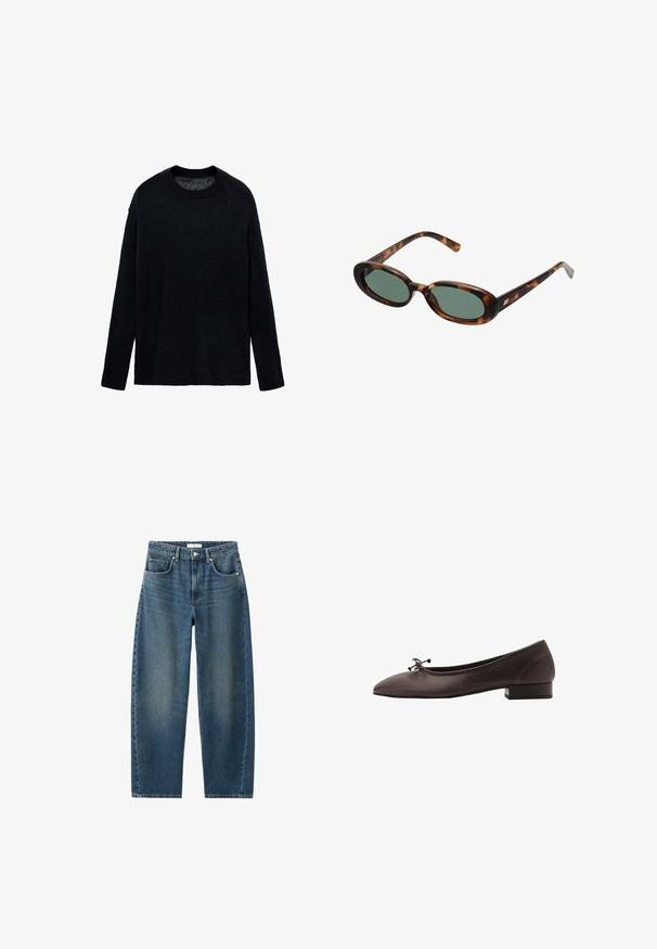 Zwarte gebreide trui met een ronde halslijn, lange mouwen en een relaxte pasvorm. Zachte textuur, minimaal ontwerp, zonder patronen of accenten.; Mouwloze witte jurk met een ronde halslijn en een asymmetrische zoom die aan de ene kant tot een punt hangt.; Donkerblauwe denim jeans met een rechte pijp, vijf-pocket ontwerp en een klassieke knoopsluiting. Zachte textuur met subtiele vervaging.; Bruine leren balletschoen met een ronde neus en een kleine blokhak. Kenmerkt zich door een dunne strik aan de voorkant en subtiele stikdetails.; schildpadbril met ovale monturen en groene lenzen. Heeft dunne spijlen met een metalen accent nabij de scharnieren.; Geweven gele handtas met een gebogen handvat aan de bovenkant en een ongestructureerde vorm. Het gestructureerde oppervlak heeft een kruissteekpatroon over de hele tas.