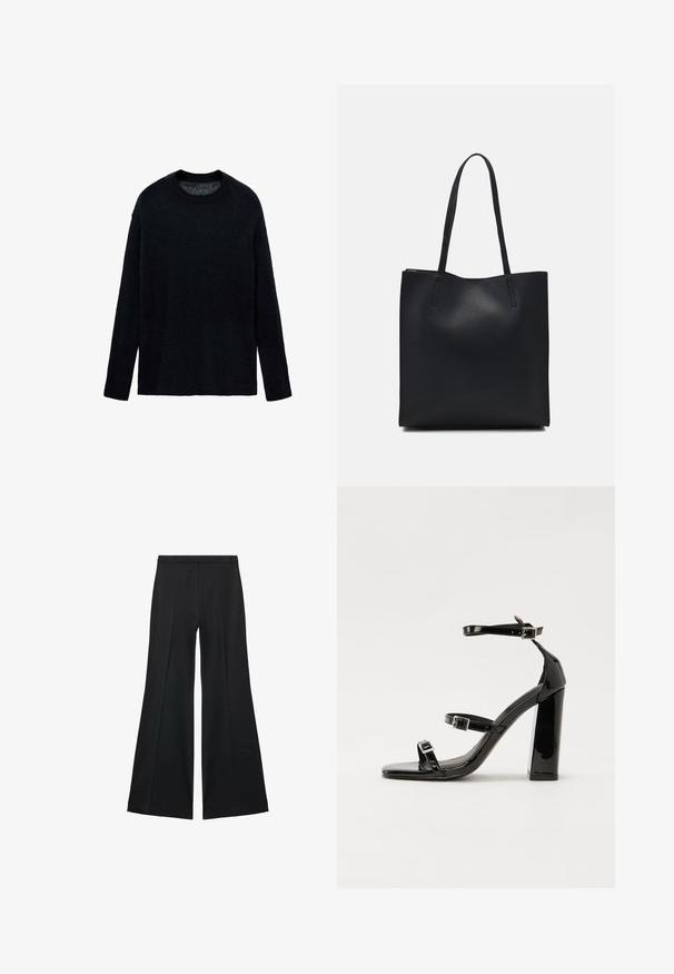 Black knit sweater with a round neckline, long sleeves, and a relaxed fit. Soft texture, minimal design, no patterns or accents.; Black wide-leg pants with a smooth texture, featuring front pleats and a tailored design. The fabric is lightweight and flowy.; Black patent high-heeled sandals with two buckle straps, square toe, and a chunky block heel, featuring a smooth, glossy texture.; Black leather tote bag with smooth texture, rectangular shape, and two long handles. No visible hardware or embellishments.