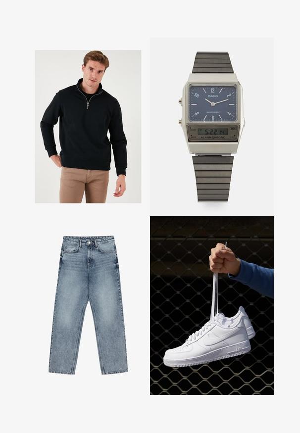 Černá mikina na zip s vysokým límcem, dlouhými rukávy a volným střihem. Vyrobená z měkkého materiálu s pružnými manžetami a lemem.; Světle modré džíny z denimu se střihom rovnými nohavicemi, viditelným šitím, designem s pěti kapsami a knoflíkovým zapínáním v pase.; Bílé kožené tenisky s perforacemi, kulatou špičkou, plochou podrážkou a silnými tkaničkami, které mají viditelné logo swoosh a nápis "AIR" na patě.; Digitální hodinky Casio s modrým ciferníkem, stříbrným pouzdrem a vrstveným černým gumovým remínkem. Zobrazuje čas a nastavení alarmu. Voděodolné.