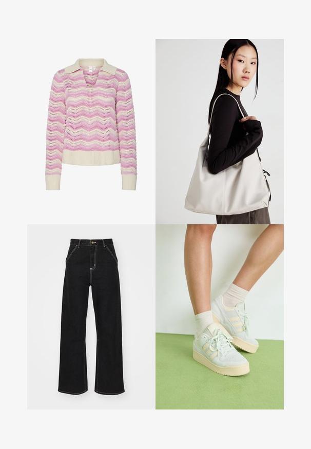 Knit sweater featuring a v-neck and short collar, with a wave pattern in pink and cream. Textured, with ribbed cuffs and hem.; Black wide-leg jeans made of denim, featuring contrasting white stitching and a front button closure, with two angled front pockets.; Light green sneakers with a textured surface, featuring three white stripes, a cream rubber sole, and lace-up design. Worn with light socks.; Beige handbag made of soft material, featuring a slouchy design, stitched detailing, and two shoulder straps. Suitable for everyday use.