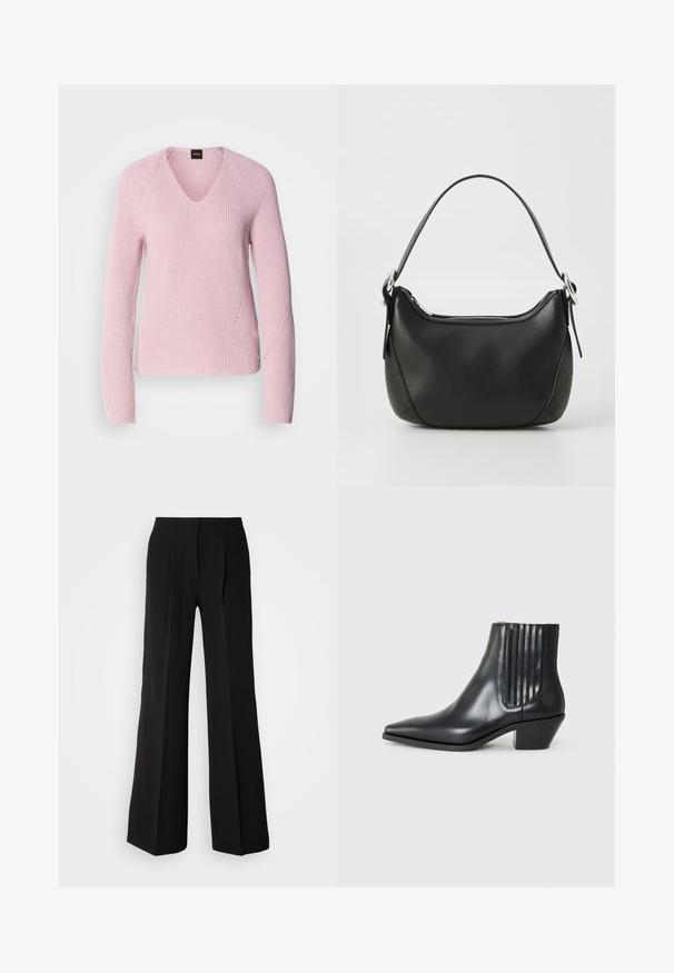 Svetlo roza pletena jopica z V-izrezom, dolgimi rokavi in subtilnimi teksturnimi detajli na rokavih in straneh. Ima logotip na robu.; Črne hlače iz gladkega materiala, z visokim pasom, širokimi nogavicami in dvema sprednjima pregiboma za dodatno oblikovanje.; Črne usnjene gležnjarje s koničastim nosom, elastičnimi stranskimi paneli z navpičnimi utori in nizko blokasto peto. Gladka tekstura in eleganten dizajn.; Črna usnjena torbica s curved obliko, srebrnim zadrgo in kratkim ročajem. Na sprednji strani se nahaja subtilen logotip in gladka tekstura.