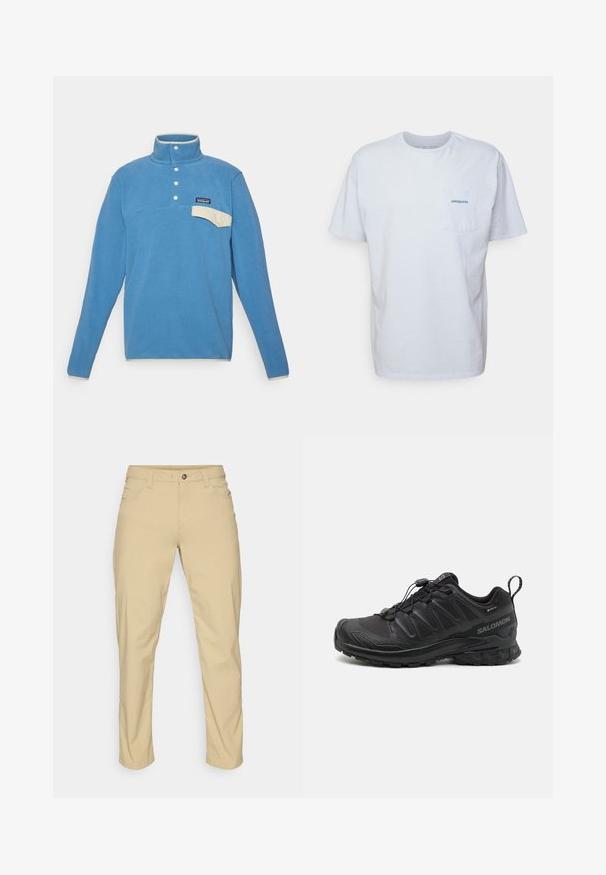 Sininen fleece-paita korkealla kauluksella, vaaleanbeige rintatasku ja kolme valkoista nappia. Pehmeä tekstuuri, yksinkertainen muotoilu logotunnisteella.; Valkoinen puuvillapaita lyhyillä hihoilla, pyöreällä kaula-aukolla ja vasemmalla rintataskulla, jossa on sininen "Patagonia" -logo. Klassinen istuvuus ja sileä tekstuuri.; Patagonia QUANDARY PANTS - Ulkohousut - classic tan; Musta urheilukenkä, jossa on teksturoitu synteettinen päällinen, pehmustettu pohja ja nopea nauhoitusjärjestelmä. Varustettu vahvistetulla varpaalla ja kantapäällä.