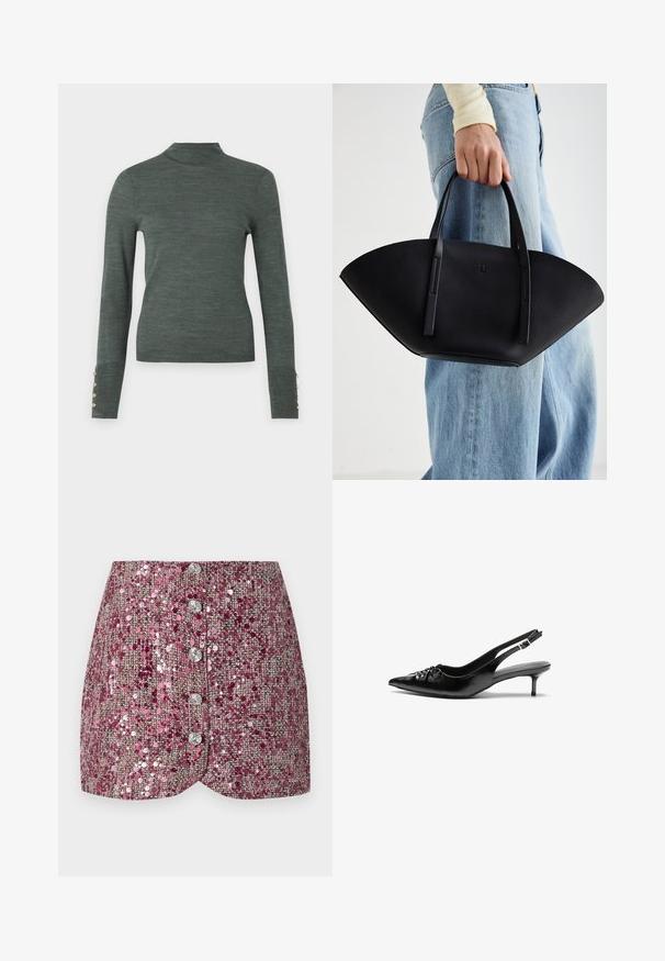 Mørkegrønn genser med høy hals og lange ermer, med gullknappdetaljer ved mansjettene og en glatt, lett tekstur.; Rosa paljett skjørt med teksturert veving, med en slim passform og fem sølvknapper foran. Formet falm og glitrende detaljer.; Sorte skinnert remsandaler med spiss tå, liten kittenhæl og en dekorativ knute detalj foran. Glatt tekstur gjennom hele.; Svart skinnveske med en unik vifteform, med flate håndtak. Overflaten har en pebblelignende tekstur og et minimalistisk design.