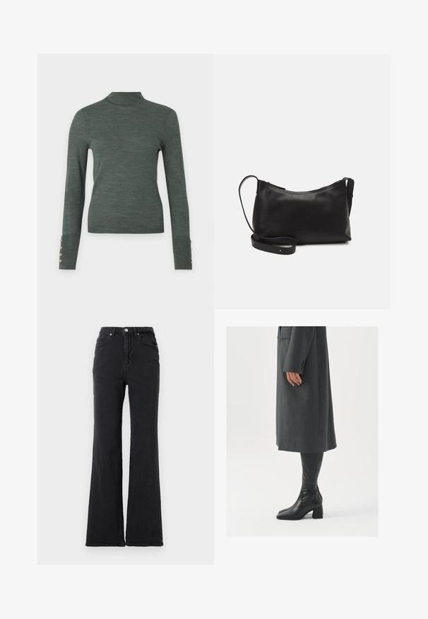 Pull en col roulé vert foncé avec des manches longues, présentant des accents de boutons en or au niveau des poignets et une texture lisse et légère.; Jeans en denim noirs taille haute avec jambes évasées, bouton avant et design à cinq poches, sur un fond blanc uni.; Manteau gris taillé à coupe droite ; associé à des bottes en cuir noir jusqu'au genou avec un bout carré et un talon épais.; Sac à épaule en cuir noir avec une texture lisse, une forme courbée, une bandoulière ajustable et une fermeture éclair. Design minimaliste sans embellissements.