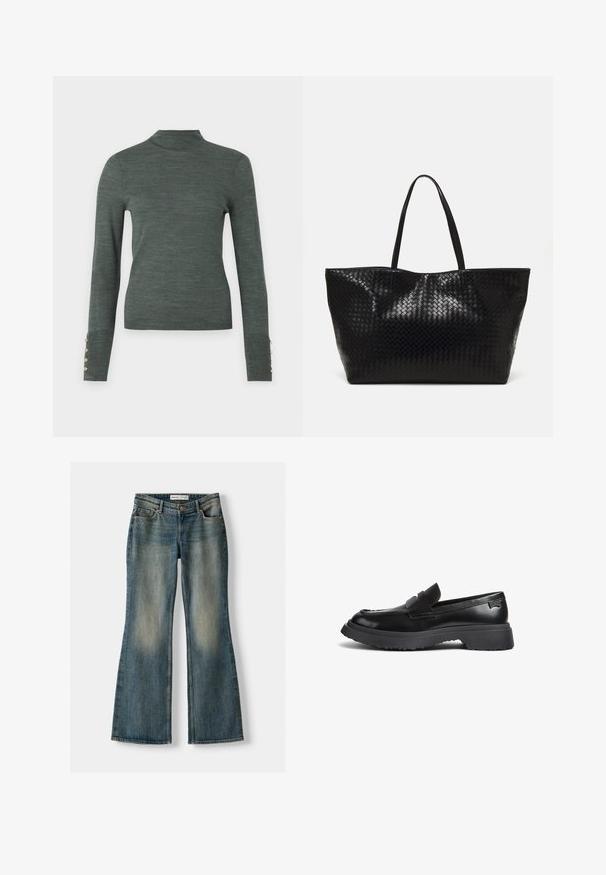 Tmavě zelený rolák s dlouhými rukávy, zdobený zlatými knoflíky na manžetách a jemnou, lehkou texturou.; Modré zvonové džíny se zesvětleným práním, pěti kapsami a zapínáním na knoflík. Materiál vykazuje denimovou strukturu s jemnými detaily šití.; Černé kožené mokasíny s tlustou gumovou podrážkou, páskem na minci a zaoblenou špičkou, zobrazené v bočním profilu na bílém pozadí.; Černá tkaná taška přes rameno s dvěma pevným uchy, má lesklou texturu a prostorný otevřený vrch.