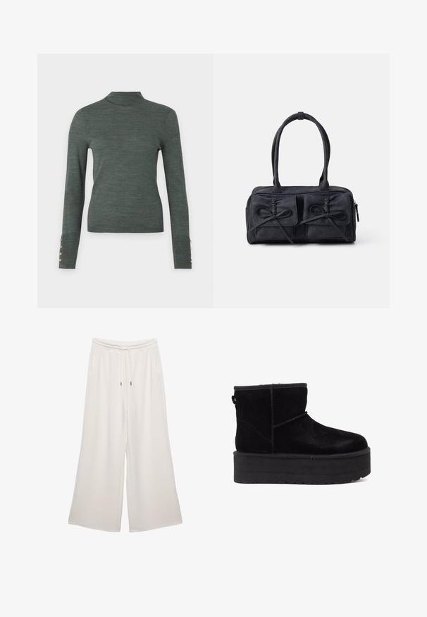 Dark green turtleneck sweater with long sleeves, featuring gold button accents at the cuffs and a smooth, lightweight texture.; Cream-colored wide-leg pants made of soft fabric, featuring an elastic waistband, drawstring, and side pockets. Smooth texture.; Black suede ankle boots with a thick platform sole and soft lining. Finished with stitching accents and a rear pull tab for easy wear.; Black fabric handbag with two front pockets featuring bow details, dual handles, and zip closure. Soft texture and rectangular shape.
