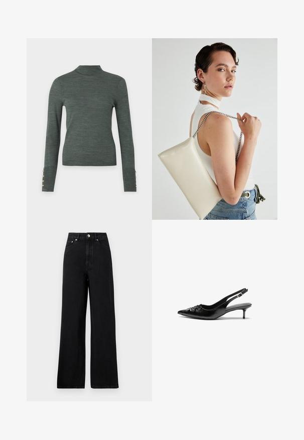 Pulover turtleneck verde închis cu mâneci lungi, prezentând detalii cu nasturi aurii la manșete și o textură netedă, ușoară.; Jeans negre din denim cu talie înaltă, cu un design cu picioare largi, având cinci buzunare și accente din metal argintiu. Textură netedă în general.; Cizme slingback din piele neagră, cu vârf ascuțit, toc mic de tip kitten heel și un detaliu decorativ sub formă de nod în față. Textură netedă pe întreaga suprafață.; Geantă de clutch rectangulară albă, realizată dintr-un material lucios, având o curea de lanț argintie. Modelul pozează, evidențiind geanta pe un fundal simplu.