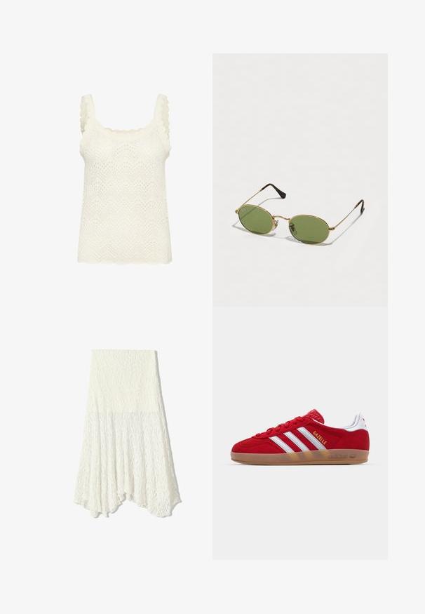 Bijeli pleteni top bez rukava s četvrtastim izrezom, valovitim trakama i teksturiranim uzorkom u obliku cik-cakavca. Lagani i prozračni dizajn, ležeran kroj.; Crvena halterica napravljena od rastezljivog materijala, s dubokim V-izrezom i skupljenim dizajnom na vratu i struku, s glatkom teksturom.; Bijela čipkasta suknja s teksturiranim uzorkom, koja ima asimetrični rub i lepršavu siluetu, izrađena od laganog materijala.; Crvene nubuk tenisice s bijelim dizajnom tri pruge i zlatnim natpisom "Gazelle". Sadrže gumeni potplat i teksturiranu petu.; Ovalne sunčane naočale sa zelenim lećama, okvirom od zlatnog metala i tamnosmešnim plastičnim vrhovima. Lagane i sa vidljivim Ray-Ban logom na jednoj leći.; Naušnica od bisera koja se sastoji od okruglih, bijelih bisera s zlatnim, suženim privjeskom i zlatnom kopčom, ističući glatku teksturu i minimalistički dizajn.