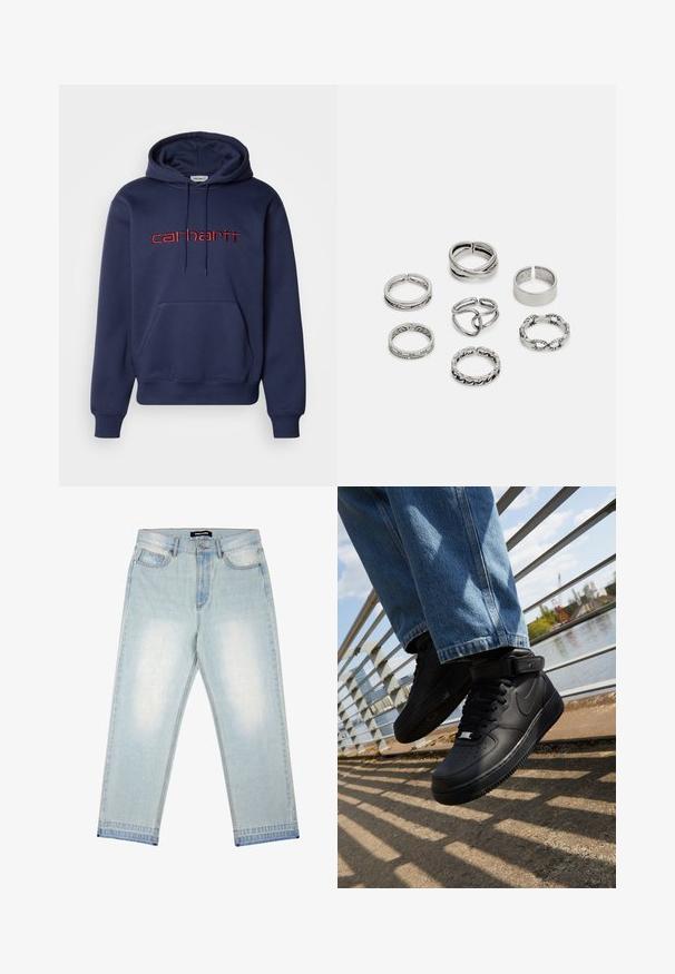 Sötétkék pamut kapucnis pulóver, elülső zsebben, húzózsinórral ellátott kapucnival és piros hímzett "carhartt" logóval a mellkason.; Pegador BARROW - Bő szabású farmernadrág - sand washed blue; Fekete Nike Air Force 1 sportcipők bőr felsőrésszel, hálós nyelvvel és gumitalppal, magas szárú dizájnnal és vastag fűzőkkel.; Hét ezüst gyűrűből álló szett, különböző formákkal és szélességekkel, köztük csavart, összekapcsolt és gravírozott mintákkal.