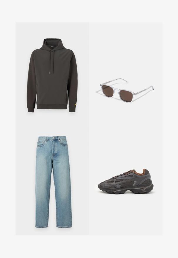 Sweatshirt capuz cinza escuro com bolso tipo canguru, capuz com cordão e punhos canelados. Apresenta um pequeno logotipo amarelo na parte inferior esquerda.; Jeans de denim azul claro com um corte solto, pernas retas, design de cinco bolsos e fecho de botão na cintura. Detalhe de costura minimalista.; Ténis Lacoste em cinza-escuro com material em malha e sintético, apresentando uma sola texturizada e detalhes castanhos na gola e na marca.; Óculos de sol transparentes com lentes retangulares castanhas, apresentando hastes finas e transparentes e detalhes em metal nas laterais.