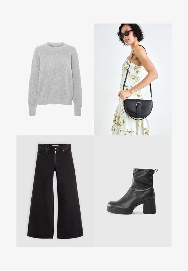 Pelēks adīts džemperis ar garām piedurknēm, apaļu kakla izgriezumu, ribotām aprocēm un apakšmalu, ar mīkstu tekstūru un brīvu piegriezumu.; Platas kājas džinsi melnā džinsa audumā ar rāvējslēdzēju priekšā, piecu kabatu dizains un smalkas šuvju detaļas. Gluda tekstūra un ikdienišķs stils.; Melni potītes zābaki, kas izgatavoti no gludas ādas, ar sānu rāvējslēdzēju, masīvu strukturētu papēdi un noapaļotu purngalu.; Melnas ādas rokassoma ar izliekta formu, noņemamu siksnu un zelta aksesuāriem. Somai ir vāciņš ar sprādzes detaļu.