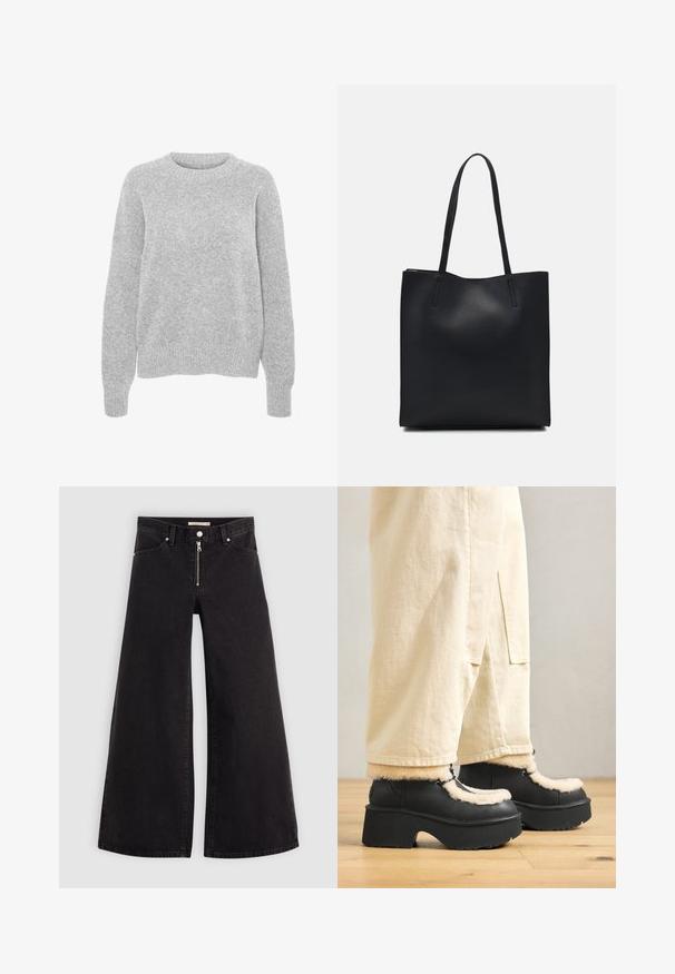 Suéter cinza tricotado com mangas compridas, decote redondo, punhos e barra canelados, apresentando uma textura suave e um corte descontraído.; Calças de ganga de perna larga em denim preto com fecho éclair à frente, design de cinco bolsos e detalhes de costura subtil. Textura suave e estilo casual.; Botas pretas de plataforma com biqueira arredondada, apresentando um colarinho fofinho em creme e detalhes em renda, combinadas com calças beige soltas sobre um chão de madeira.; Bolsa tote preta em couro com textura lisa, forma retangular e duas alças longas. Sem hardware ou enfeites visíveis.