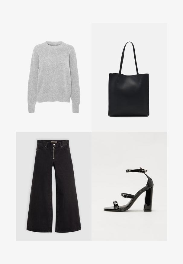 Gray knitted sweater with long sleeves, round neckline, ribbed cuffs and hem, featuring a soft texture and relaxed fit.; Wide-leg jeans in black denim with a zippered front, five-pocket design, and subtle stitching details. Smooth texture and casual style.; Black patent heeled sandals with a square toe, ankle straps, and silver buckles. Features a chunky block heel for stability.; Black leather tote bag with smooth texture, rectangular shape, and two long handles. No visible hardware or embellishments.