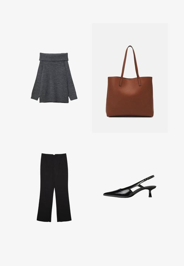 Dunkelgrauer Pullover mit weitem, geripptem, schulterfreiem Ausschnitt. Lange Ärmel und eine lockere Passform mit gerippten Bündchen und Saum. Weiche Textur.; Schwarze Hose mit geradem Schnitt, ausgestattet mit Fronttaschen und Seitenschlitzen am Saum. Hergestellt aus weichem, glattem Stoff. Geeignet für verschiedene Anlässe.; Schwarze Lackleder-Slingback-High Heels mit spitzer Zehenform, ausgeschnittenem Seitendesign und kleinem Blockabsatz. Glatte Textur mit minimalen Akzenten.; Braune Leder-Tote mit glatter Textur, offenem Oberteil und zwei Schulterriemen. Verfügt über minimale Nähte und keine sichtbaren Beschläge.