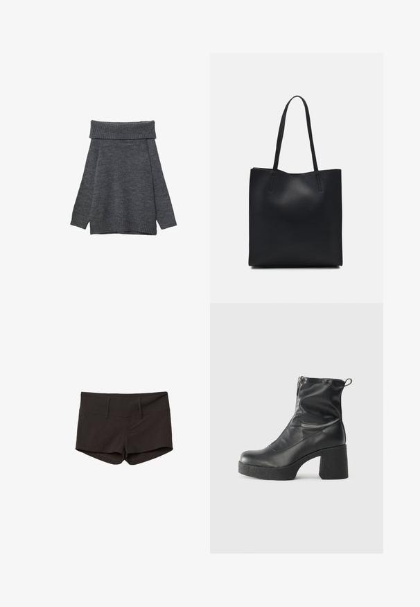 Pull gris foncé avec un large col bateau à côtes. Manches longues et coupe ample avec des poignets et un ourlet côtelés. Texture douce.; Shorts en coton noir au design ajusté, avec une texture douce et deux poches à l'avant. Taille mi-haute et sans motifs visibles.; Bottes noires à la cheville en cuir lisse, dotées d'une fermeture éclair sur le côté, d'un talon épais texturé et d'une conception à bout rond.; Sac fourre-tout en cuir noir avec une texture lisse, de forme rectangulaire et deux longues poignées. Pas de matériel ou d'ornementations visibles.