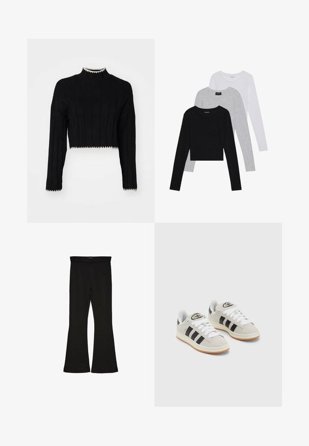 Musta lyhyt neulepaita ribbikuvioinnilla, korkea kaulus, pitkät hihat ja kontrastoiva valkoinen reunahelma ja hihansuut.; Kolme pitkähihasta paita päällekkäin: musta, harmaa ja valkoinen. Jokaisessa on pyöreä pääntie ja lyhennetty muotoilu, jossa on sileä ja kevyt kangas.; Mustat leveät legginsit, jotka on valmistettu joustavasta kankaasta. Niissä on leveä vyötärö ja sileä pinta, sekä vartalonmyötäinen leikkaus, joka levenee helmassa.; Harmaat mokkasiinikenkä, joissa on valkoiset nauhat, mustat raidat ja valkoinen kumipohja. Kantajassa on pyöreä logo ja vaaleanruskea pohja.