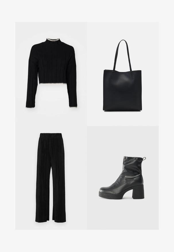 Svart kortermet genser med ribbestruktur, høy hals, lange ermer, og kontrasterende hvit trim langs kanten og mansjettene.; Sorte plisserte bukser med elastisk midje. Har vide ben og et glatt, strukturert stoff med vertikale striper.; Svarte ankelstøvler laget av glatt lær, med glidelås på siden, chunky strukturert hæl, og rund tå-design.; Svart lær tote bag med glatt tekstur, rektangulær form og to lange håndtak. Ingen synlige deler eller dekorasjoner.