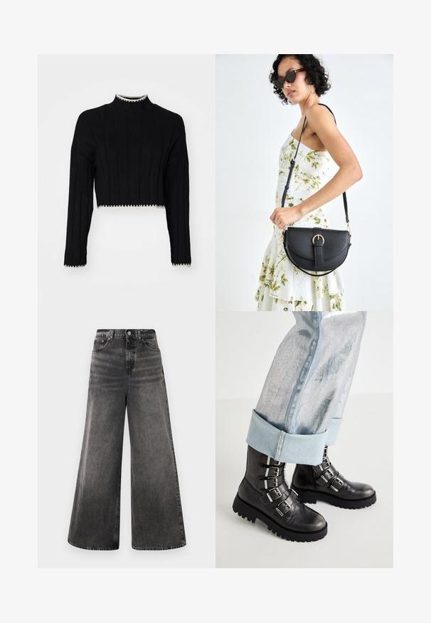Black cropped sweater with ribbed texture, high neck, long sleeves, and contrasting white trim along the hem and cuffs.; Wide-leg black denim jeans with a faded wash, five-pocket design, and a button closure at the waistband, featuring stitched accents.; Black leather ankle boots with five silver buckle accents, a chunky black sole, paired with rolled light blue metallic jeans.; Black leather handbag with a curved shape, detachable strap, and gold hardware. The bag features a flap with a buckle detail.