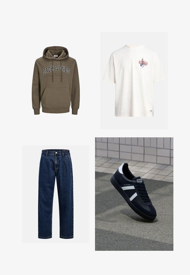 Olīvzaļš džemperis ar kapuci, ar aukliņu, lielu kabatu, ribotām piedurknēm un apakšmalu, ar uzrakstiem "JACK & JONES" un "EST. 90 WORLDWIDE" drukātiem priekšā.; Krēmkrāsas kokvilnas T-krekls ar īsām piedurknēm un apaļu kakla izgriezumu. Ar zilas un sarkanas krāsas grafisku druku, kas ietver tekstu un motīvu.; Tumši zilie džinsu bikses ar taisna kāju dizainu. Iezīmējas redzamas šuves, pogu aizdare un priekšējie gurni papildu detaļām.; Melnā ādas sporta apavi ar baltām svītrām, teksturēta gumijas zole un auklu aizdare. Iekļauj zīmola etiķeti uz mēles.