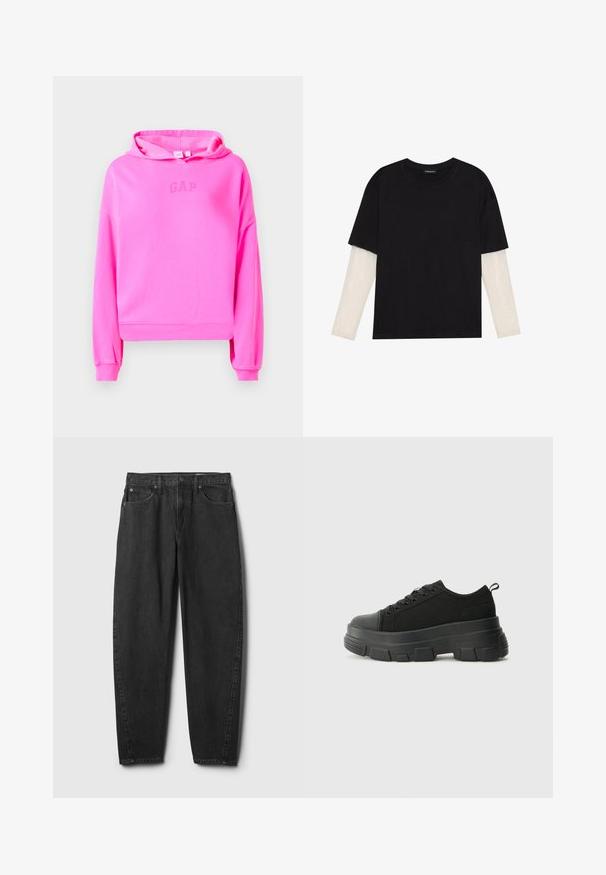 Rosa kort hoodie gjord av mjukt material, med dragsko i huvan och en diskret GAP-logotyp i mitten. Ribbad mudd och nederkant.; Svart t-shirt i bomull, med korta ärmar över ett vitt långärmat lager med en subtil texturdesign. Rundad halsringning.; Svarta denimjeans med rakt ben, med fem fickor, knäppning och minimal sömnadsdetalj. Klassisk design och textur.; Svarta sneakers med en kraftig gummisula, texturerad tygöverdel, rund tå och snörning. Har förstärkta öglor och dragflik bak.