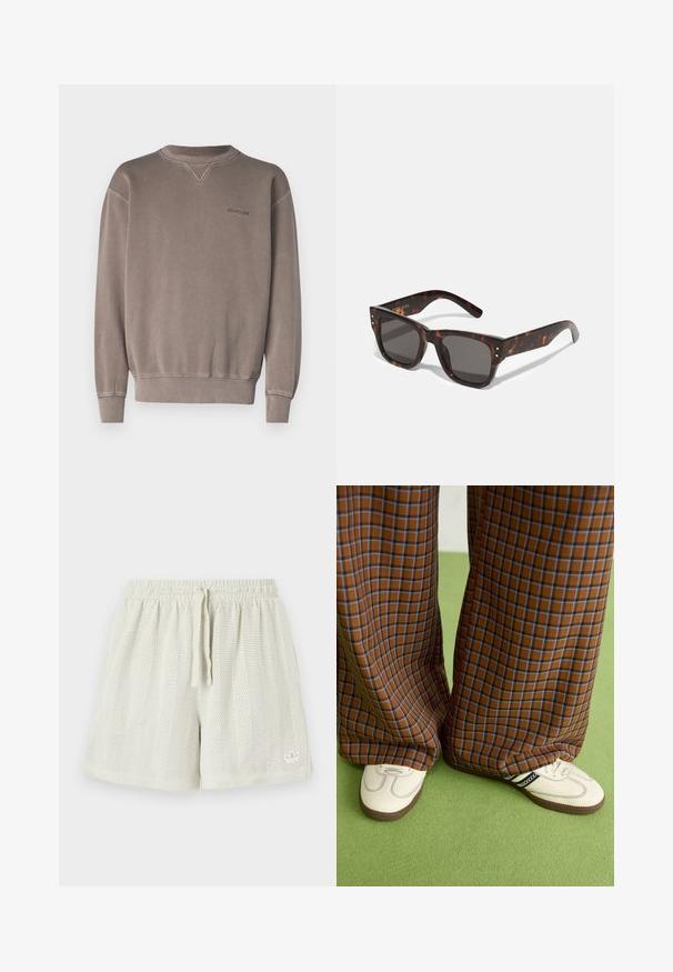 Element CORNELL - Sudadera - light brown; Pantalones cortos de malla de color claro con cintura elástica y cordón. Presentan un pequeño detalle de logo en la esquina inferior y un tejido texturizado.; Pantalones de pata de elefante de cuadros marrones y azules combinados con zapatos blancos con detalles en negro y suelas texturizadas, sobre un fondo verde.; Gafas de sol carey con lentes oscuros, montura cuadrada y tachuelas plateadas en el frente. Fabricadas en plástico, ligeras y duraderas.