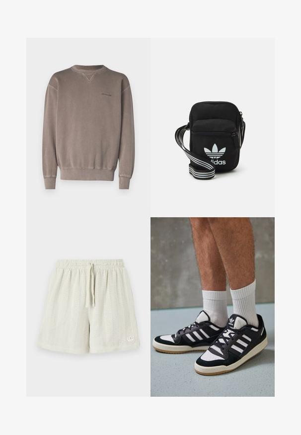 Element CORNELL - Sweatshirt - light brown; Lysfarvede mesh shorts med elastisk talje og snøre. Har en lille logo detalje i det nederste hjørne og struktureret stof.; Sorte og hvide sneakers med en overdel i ruskind og læder, der har tre hvide striber, en perforeret tå og en sål i gummigummi.; Sort stof crossbody tas med lynlås, der har et hvidt Adidas-logo og en stribet justerbar rem for nem bæring.