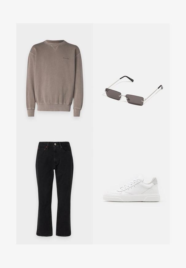 Element CORNELL - Sudadera - light brown; Jeans de mezclilla negra con un diseño de pierna recta, estilo de cinco bolsillos, y herrajes metálicos con acentos de cobre. Textura suave y tiro medio.; Zapatillas de cuero blanca con un acabado suave, punta redondeada, cordones planos y una suela texturada. Acento de ante gris en el talón.; Gafas de sol con lentes rectangulares de color gris oscuro, montura de metal plateado y puntas de plástico negro en las patillas. Diseño ligero con almohadillas nasales.