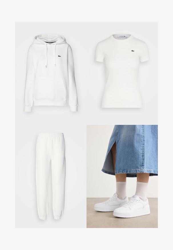 Felpa bianca con tasca a marsupio, cappuccio con cordini, polsini a coste e un piccolo logo verde sul lato sinistro del petto. Texture del tessuto morbida.; T-shirt bianco a maniche corte in cotone ribbed con scollatura rotonda e piccolo logo del coccodrillo verde Lacoste sulla parte sinistra del petto. Tessuto in cotone morbido.; Pantaloni della tuta bianchi realizzati in morbido tessuto lavorato a maglia. La vita e i polsini elasticizzati offrono una vestibilità rilassata. Design minimalista, senza motivi o accenti visibili.; Sneakers bianchi in pelle texture, con suola platform, punta rotonda e sistema di lacci; abbinati a calze corte grigie e una gonna di jeans.