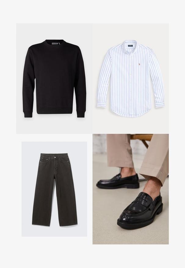 Schwarzes Sweatshirt aus einem glatten Baumwollmix, mit Rundhalsausschnitt, langen Ärmeln sowie gerippten Bündchen und Saum. Keine Muster oder Akzente sichtbar.; Hellblau-weiße gestreifte Langarmbluse mit Knöpfen, aus Baumwolle, mit abgerundetem Saum und kleinem gesticktem Logo auf der Brust.; Hochwaisted, weit geschnittene schwarze Denim-Jeans verfügen über ein Fünf-Taschen-Design und einen Knopfverschluss. Der Stoff hat eine weiche, strukturierte Oberfläche.; Schwarze Lederloafers mit glatter Oberfläche, ausgestattet mit einem dekorativen Riemen und Kontrastnähten, kombiniert mit beigen Hosen.