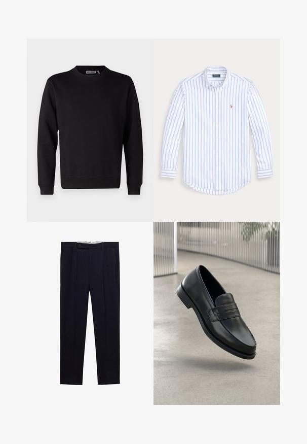 Schwarzes Sweatshirt aus einem glatten Baumwollmix, mit Rundhalsausschnitt, langen Ärmeln sowie gerippten Bündchen und Saum. Keine Muster oder Akzente sichtbar.; Hellblau-weiße gestreifte Langarmbluse mit Knöpfen, aus Baumwolle, mit abgerundetem Saum und kleinem gesticktem Logo auf der Brust.; Marineblaue Hose mit geradem Beinschnitt, doppelten Falten und einem Knopfverschluss an der Taille. Hergestellt aus einem glatten, ungemusterten Stoff.; Schwarzer Lederloafer mit glatter Textur, spitzer Zehe und einem dekorativen Riemen über dem Rist. Leichte Sohle, minimalistisches Design.