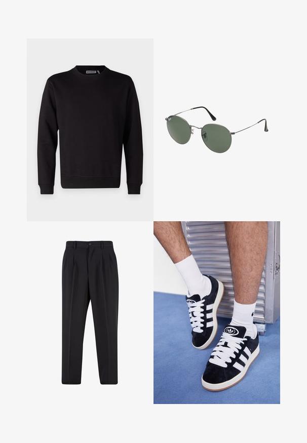 Čierna mikina vyrobená z hladkej bavlnenej zmesi, s okrúhlym výstrihom, dlhými rukávmi a rebrovanými manžetami a lemom. Žiadne vzory ani akcenty nie sú viditeľné.; Čierne nohavice s plisovaným predným dizajnom, vyrobené z hladkej látky. Majú zapínanie na gombík a pútka na opasok; rovný strih.; Čierne semišové tenisky s bielymi šnúrkami a tromi bielymi pruhmi. Obsahujú kruhové čierne logo na jazyku a gumovú podrážku.; Sunglass s metalovým rámom s oválnymi zelenými šošovkami. Tenký strieborný kovový rám a čierne štuple za uši. Minimalistický dizajn, bez viditeľných log.