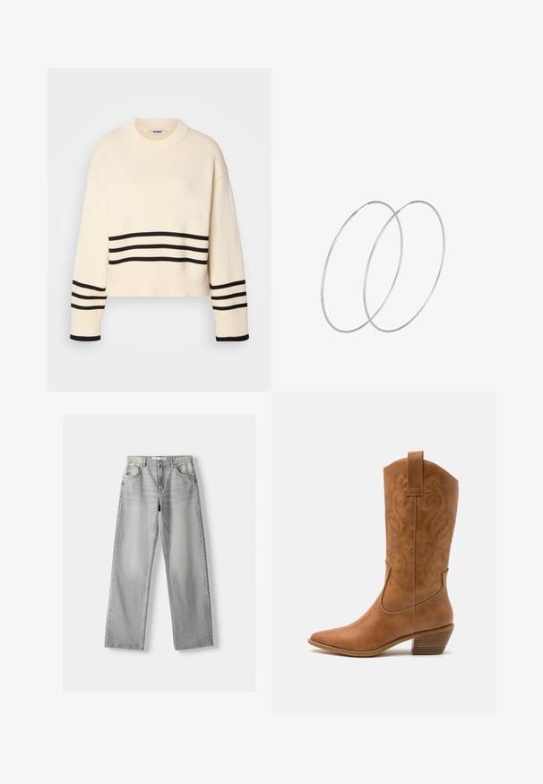 Crème-kleurige cropped trui met zwarte horizontale strepen. Heeft een ronde halslijn en geribde manchetten. Gemaakt van een zacht gebreid materiaal.; Lichtgrijze denim jeans met een rechte pasvorm, voorzien van twee voorkruizen, een knoopsluiting en subtiele vervaging voor textuur.; Tan leren cowboylaars met puntige neus, geborduurde spiraalpatronen op de schacht en een gestapelde blokhak. Voorzien van een trekband voor gemakkelijke aan- en uittrekken.; Zilveren hoepel oorbellen met een minimalistisch ontwerp. Cirkelvormig, gladde textuur en dun profiel. Lichtgewicht met een gepolijste afwerking.