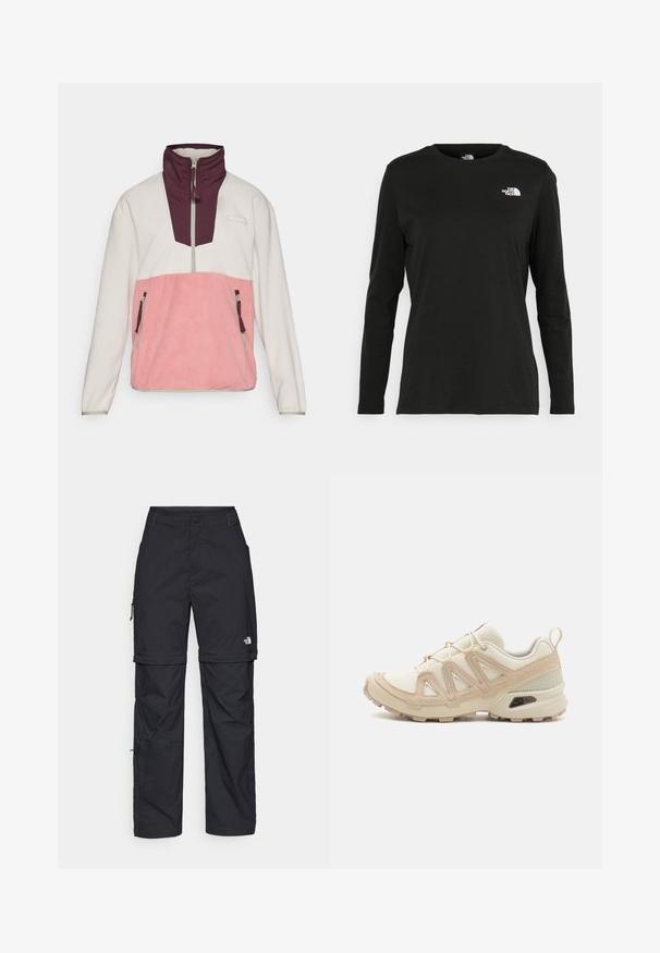 Fleece pullover jakke med en hvid øverste sektion, lyserød nederste sektion og bordeaux krave; inkluderer sidelommer med lynlås og en halv lynlås fortil.; Sort langærmet t-shirt lavet af bomuld med rund hals. Har et lille hvidt logo på venstre brystområde. Enkel design og pasform.; Sorte nylon cargo bukser med lynlås, justerbare manchetter, flere lommer og et logo på højre ben. Glat, let tekstur.; Beige og creme atletiksko med struktureret mesh-overdel, støttende overlays og gummiyderside med et mønster for trækkraft.