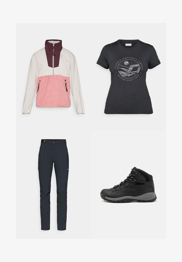 Fleece pullover jacket featuring a white upper section, pink lower section, and maroon collar; includes side zip pockets and a half-zip front.; Black Columbia t-shirt with white circular mountain and river line art and text "Columbia Sportswear Company Outside Since 1938."; Men's outdoor pants, dark gray, made from flexible material, featuring a belt, zippered pockets, and reinforced stitching.; Black hiking boot with a mid-top design, featuring a textured upper, gray accents, and durable rubber sole with traction lugs.