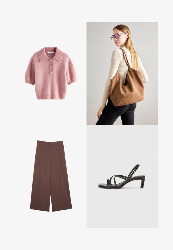 Ružičasta pletena majica s kratkimi rukavi in ovratnikom, z gumbnim zapenjanjem s štirimi gumbi ter rebrastim robom in manšetami. Mehka tekstura.; Rjave široke hlače z gladko teksturo, ki imajo visok pas in sprednje naborke. Tkanina je lahka in prosto pada.; Črne natikače s trakovi in kvadratnim prstom ter nizkim blokastim peto. Imajo več tankih trakov in nastavljiv trak okoli gležnja. Narejene so iz gladkega usnja.; Rjava semišna torba z mehko teksturo, velikim odprtjem in dolgimi ročaji. Ima preprost dizajn z vidnim šivanjem in brez okovja.